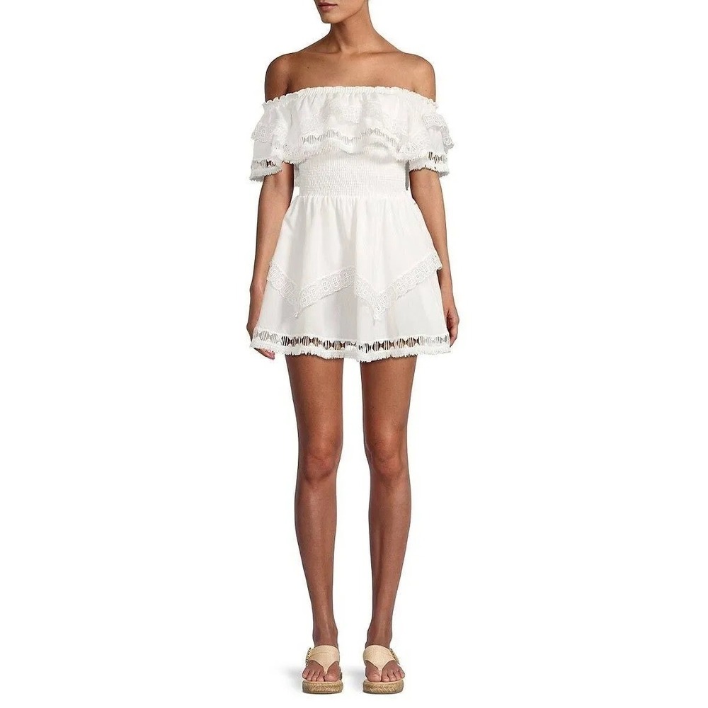 Saks Fifth Ave White Off The Shoulder Ruffle Lace Trim Mini Dress Boho Dress - Picture 3 of 3
